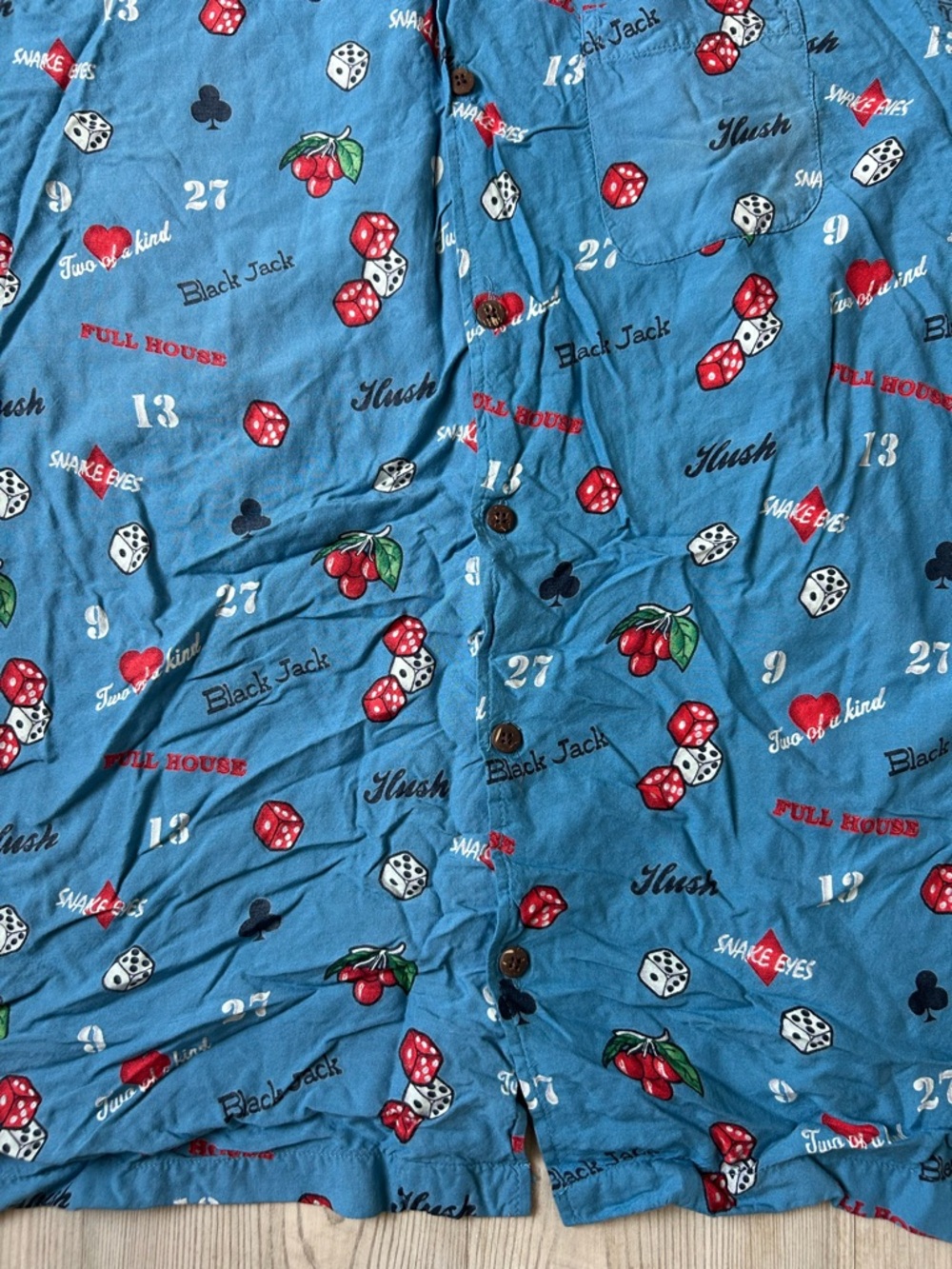 Steve & Barry's Blue Casino Dice & Cherries Button-Up Shirt - Picture 2 of 5